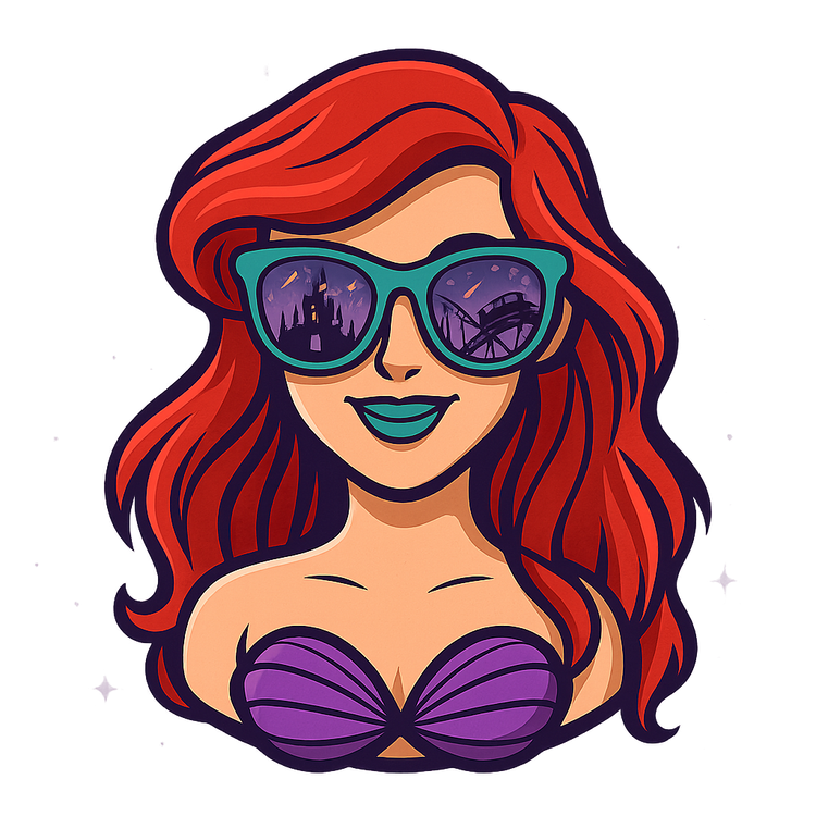 retro mermaid with sunglasses and a disney castle