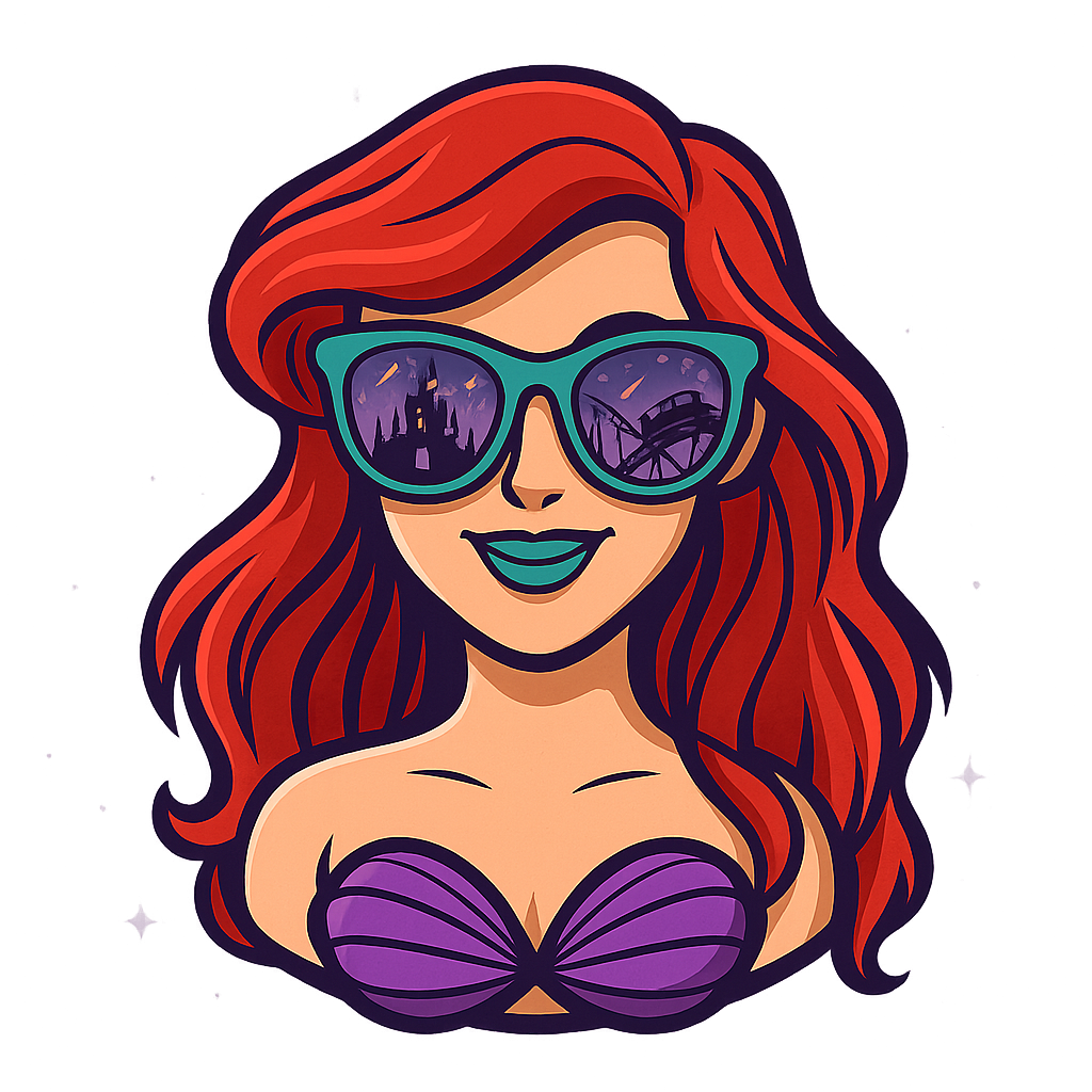 retro mermaid with sunglasses and a disney castle