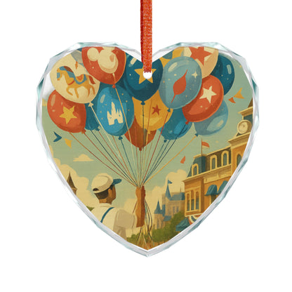 Heart Shaped Crystal Glass Ornament with Colorful Balloon Design