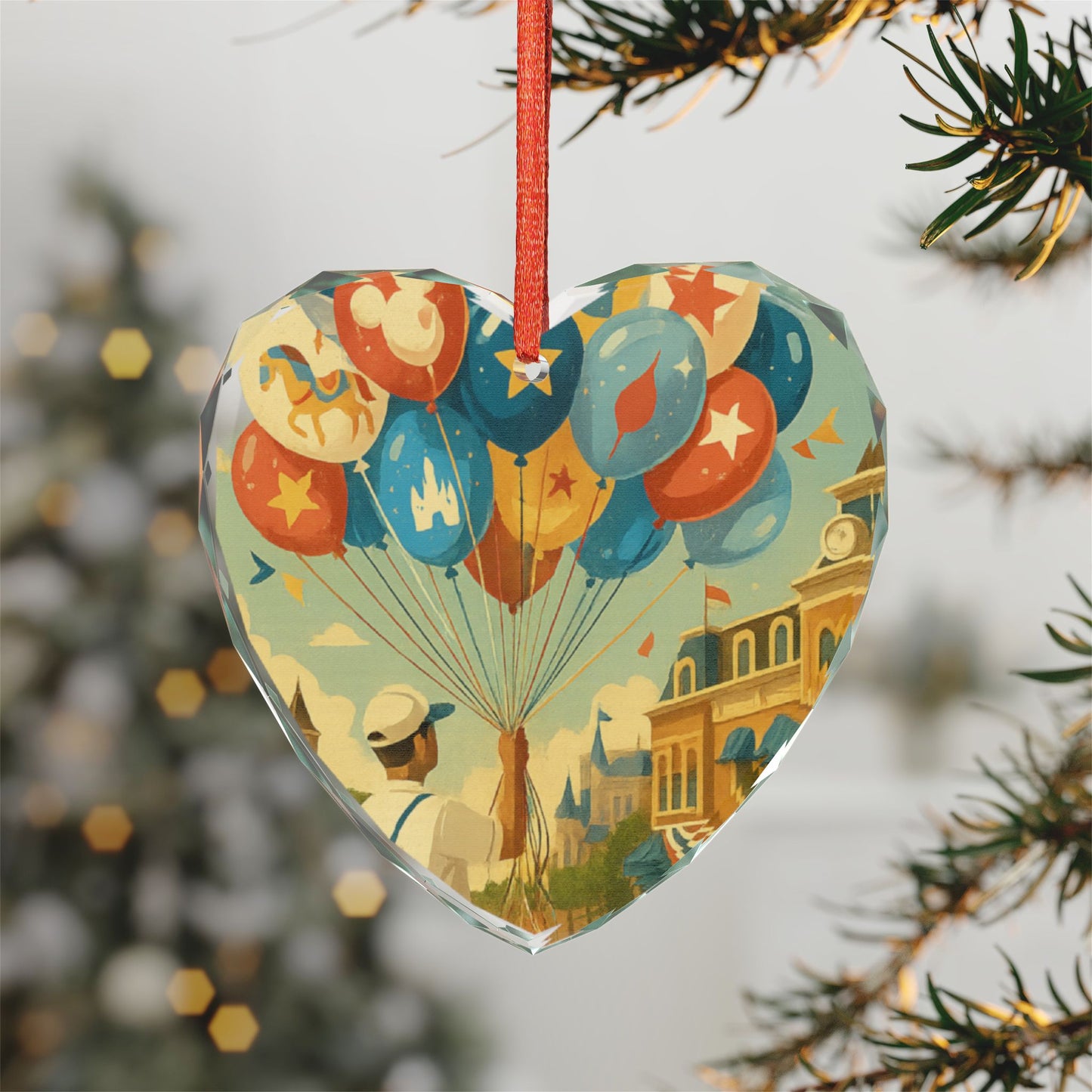 Heart Shaped Crystal Glass Ornament with Colorful Balloon Design
